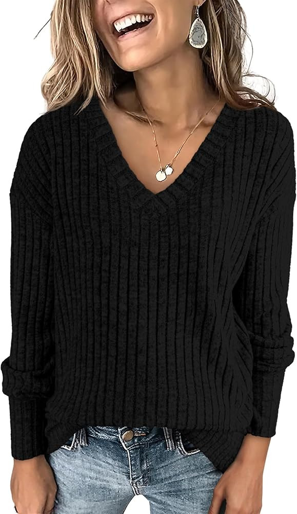 ANRABESS Long Sleeve Shirts for Women V Neck Casual Fall Tops Loose Fit Lightweight Sweaters Tuni... | Amazon (US)