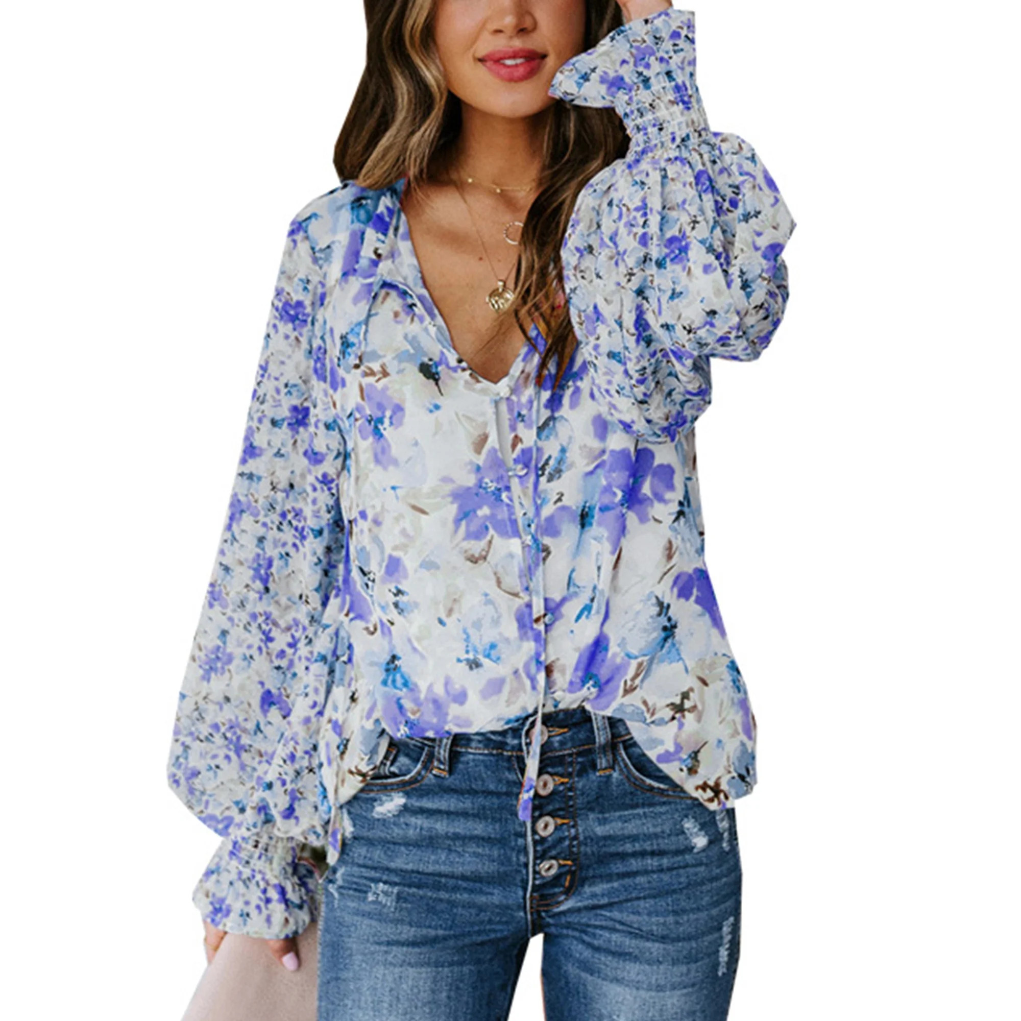 Charmo Women's Casual Boho Floral Print V Neck Long Sleeve Drawstring Tops Loose Blouses Button D... | Walmart (CA)