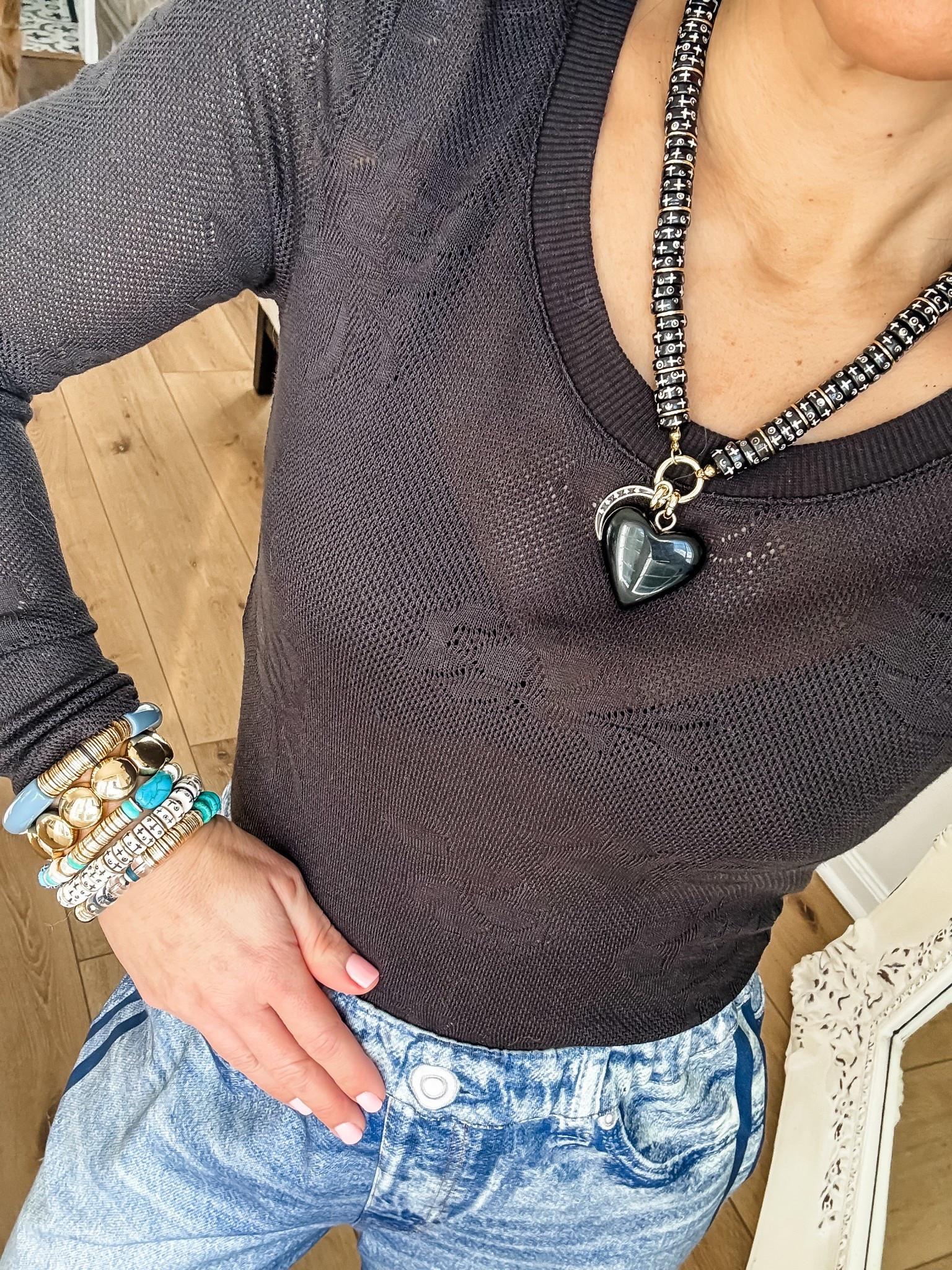 Xs mesh top. Jewelry code HOUSEOFLEO20. Beaded bracelets, bracelet stack. Heart necklace, heart charm 

#LTKValentine #LTKSaleAlert #LTKOver40
