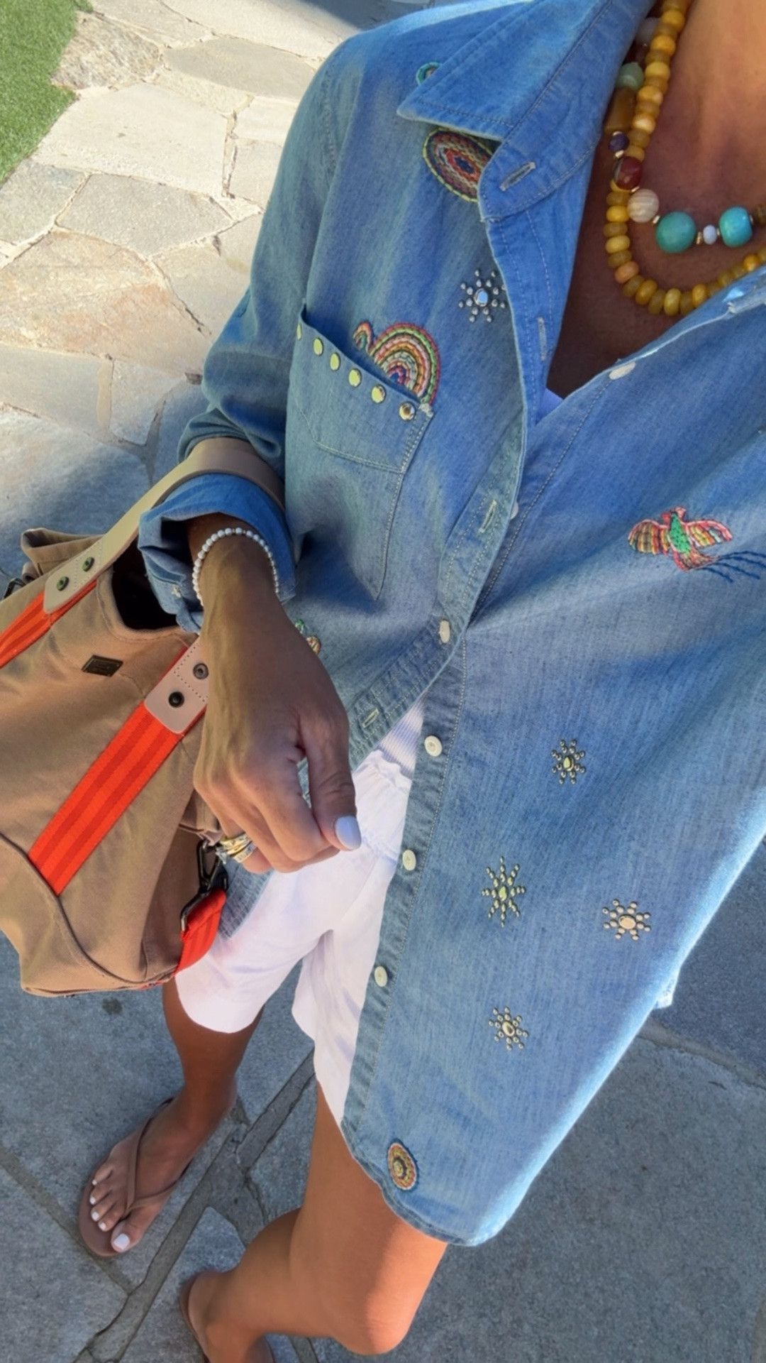 Today’s outfit. Embroidered denim shirt. Outfit of the day. 
Shirt M (size up). Shorts XS. 
Sequin necklace code: TWOPEAS20

#LTKootd #LTKSeasonal #LTKOver40
