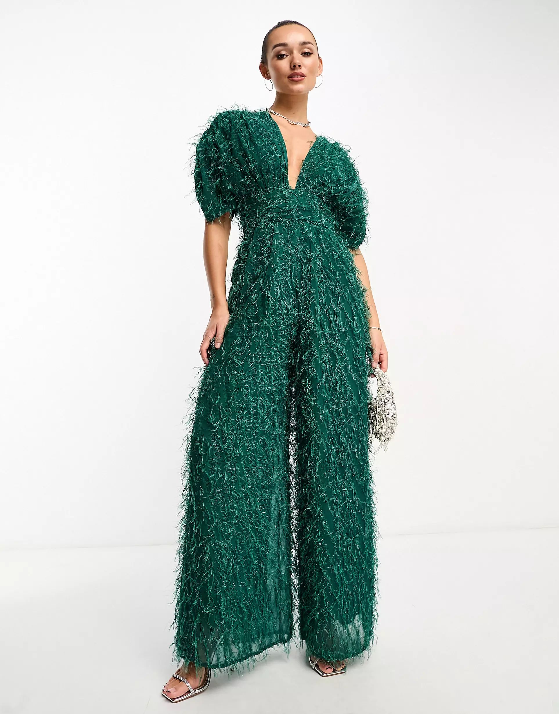 ASOS DESIGN fluffy plunge jumpsuit in green metallic | ASOS (Global)