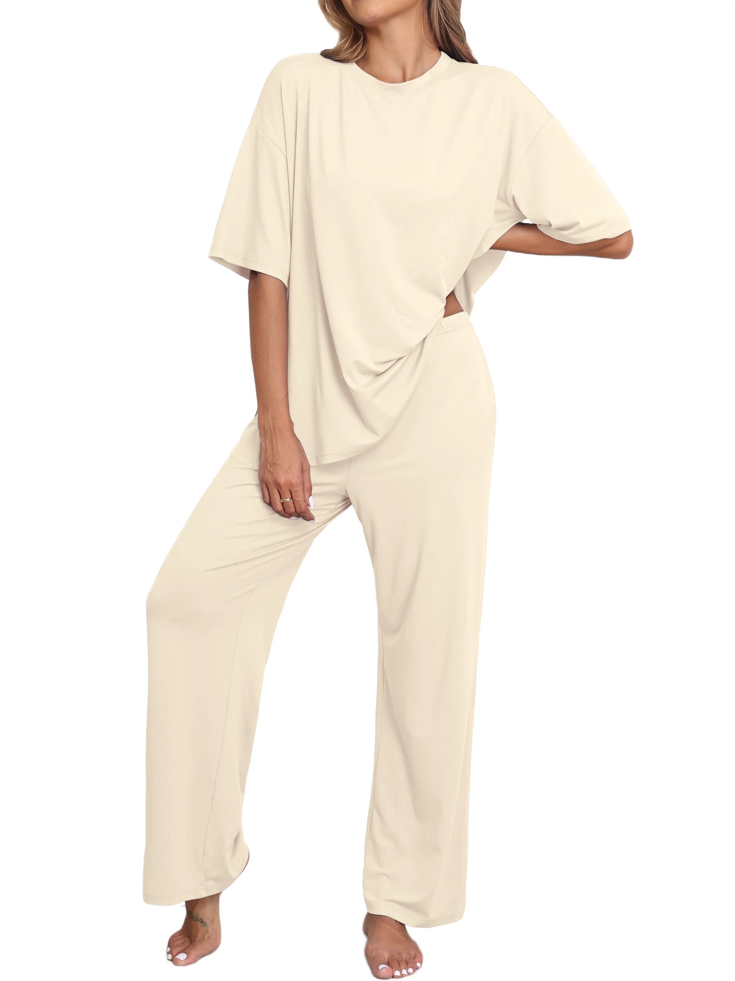 MINTREUS Lounge Sets for Women Knit Short Sleeve Tops and Long Pants Soft Comfy Pajamas Set Overs... | Walmart (US)