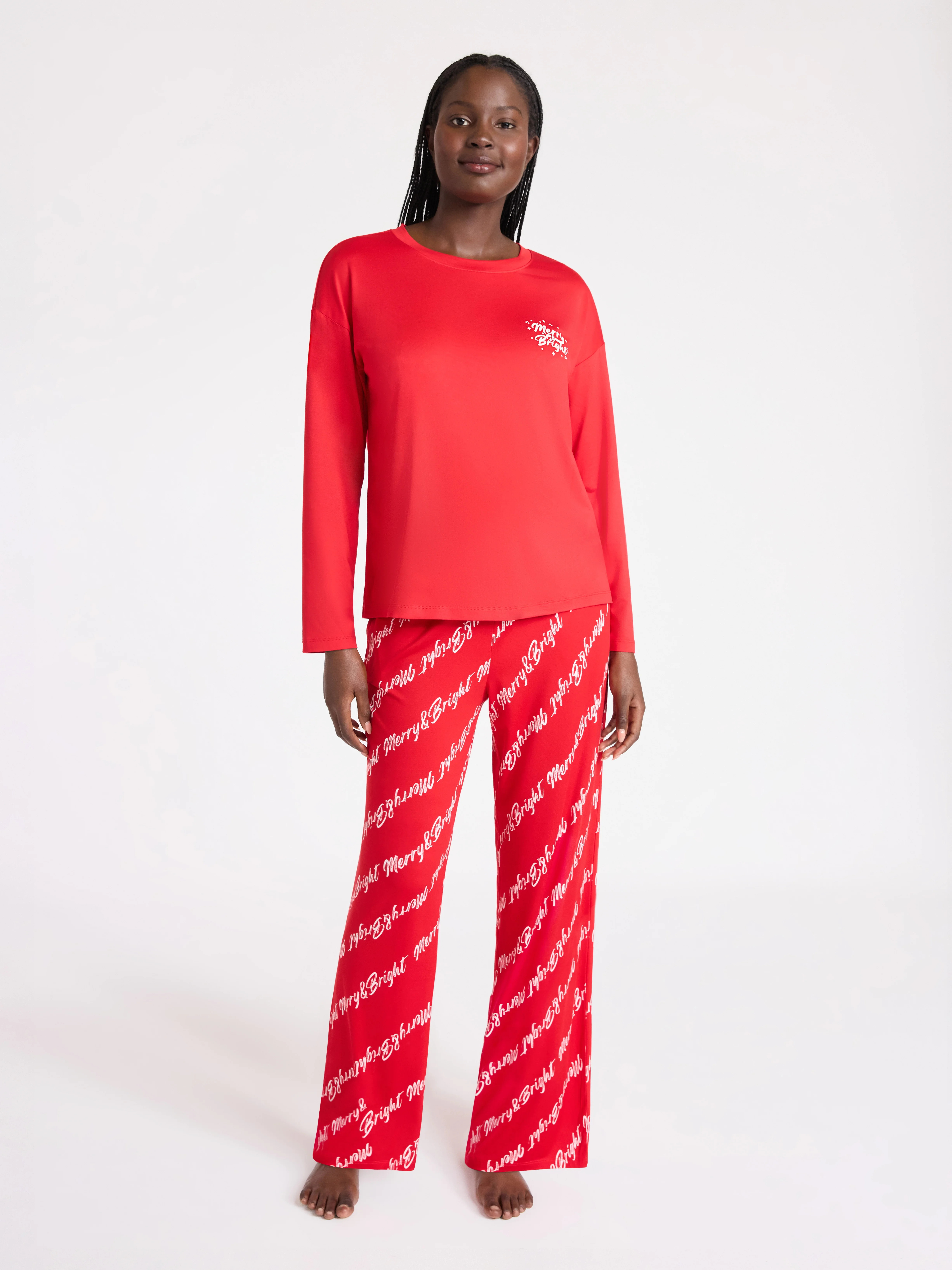 Joyspun Women's Dreamy Soft Collection Long Sleeve Sleep Top and Straight Leg Pants Pajama Set, 2... | Walmart (US)