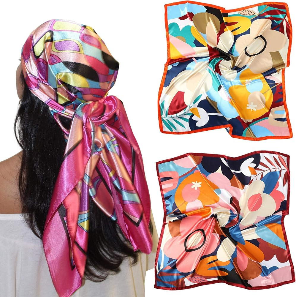AWAYTR 35” Large Satin Square Head Scarf - 2Pcs Silk Like Floral Head Scarves Square Satin Hair... | Amazon (US)