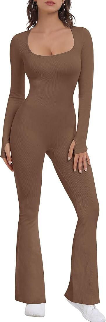 OEAK Womens Flare Jumpsuit Ribbed Playsuit Square Neck Seamless Bodycon Long Sleeve Romper Tummy ... | Amazon (US)