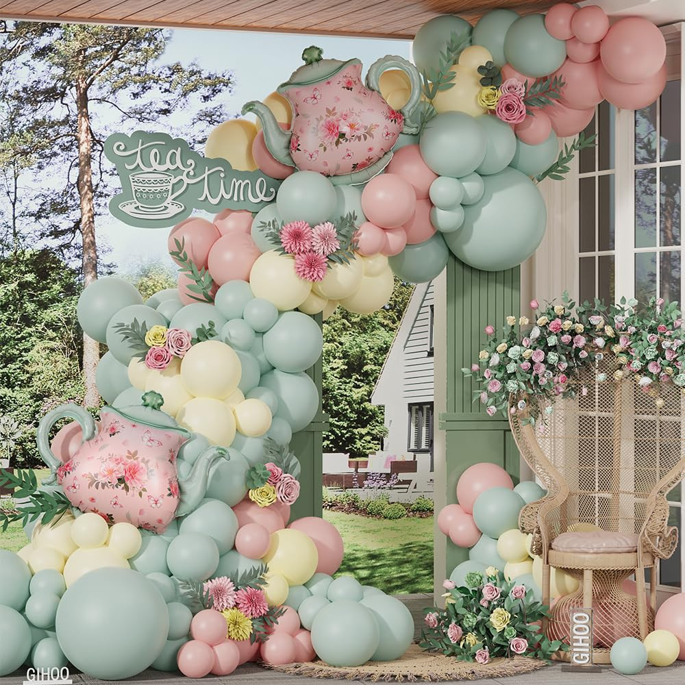 Tea Party Decorations 139pcs Pastel Tea Party Balloon Arch Garland Kit with Pink Green Teapot Myl... | Amazon (US)