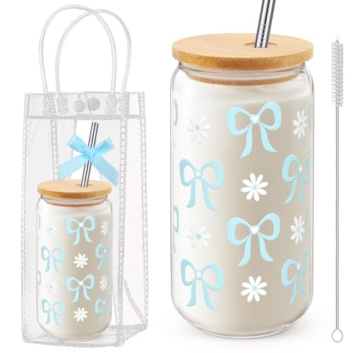 Giesiery Coquette Bow Glass Cup with Lid & Straw 16 oz Blue Bow Iced Coffee Tumbler for Women, Birthday Christmas Gifts | Amazon (US)