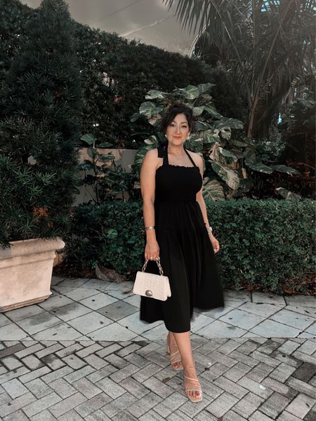 Amazon little black halter top black dress. Spring style dress. Midid dresses. Little black dress. Abercrombie & Fitch strappy sandals. 

#LTKSeasonal #LTKstyletip #LTKtravel