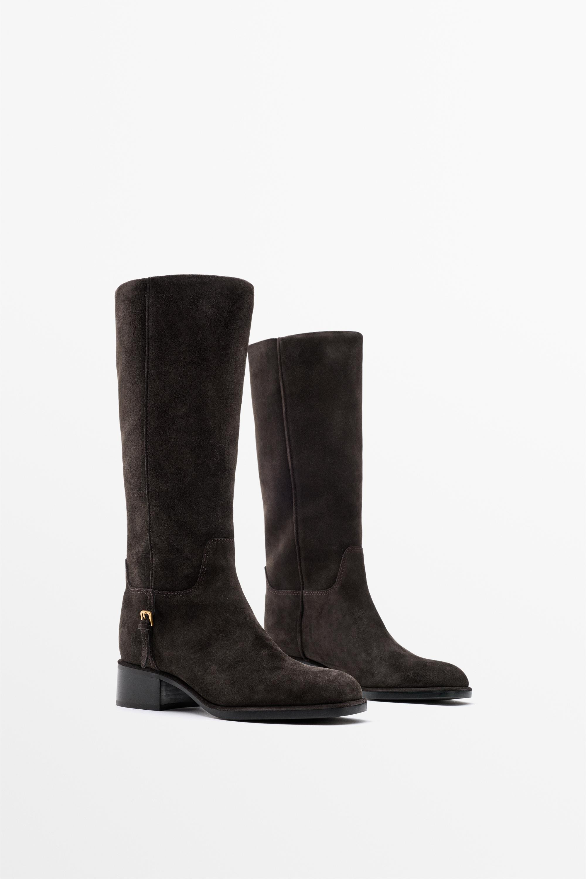 Split suede leather flat boots with side buckle | Massimo Dutti UK