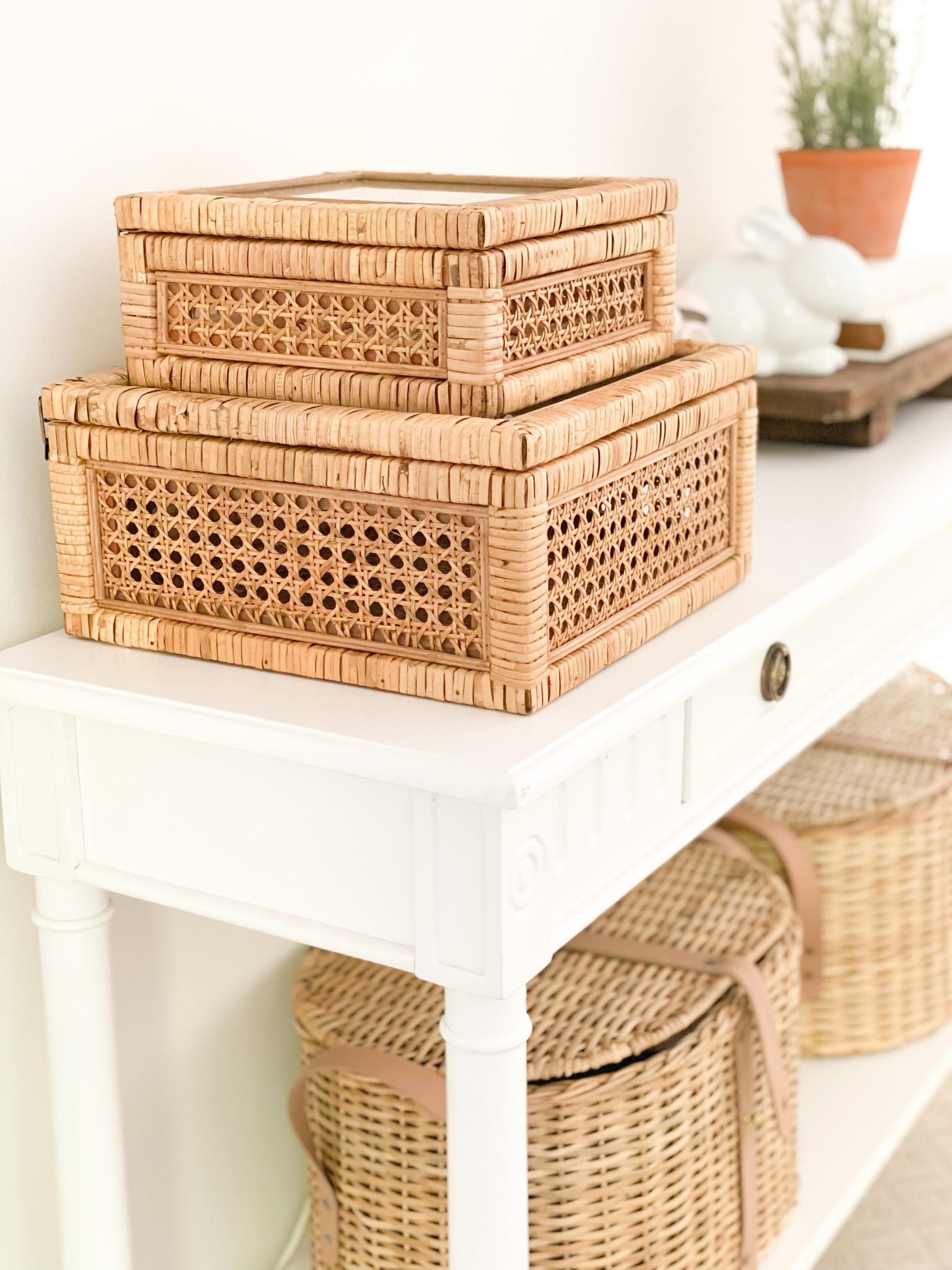 Stacked cane and glass boxes perfect for styling console tables or bookshelves from Amazon 🤍 #amazon #boxes #cane #amazonfind #bookshelves 

#LTKhome #LTKstyletip