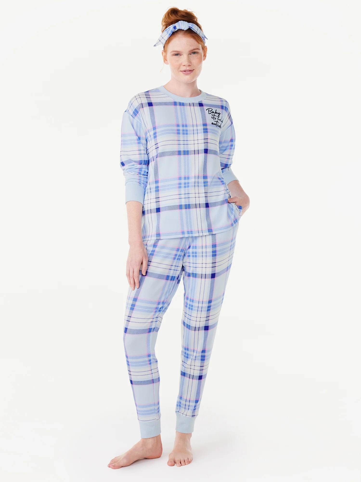 Joyspun Women's Long Sleeve Tee and Joggers Sleep Set with Headband, 3-Piece Pajama Set, Sizes S-... | Walmart (US)