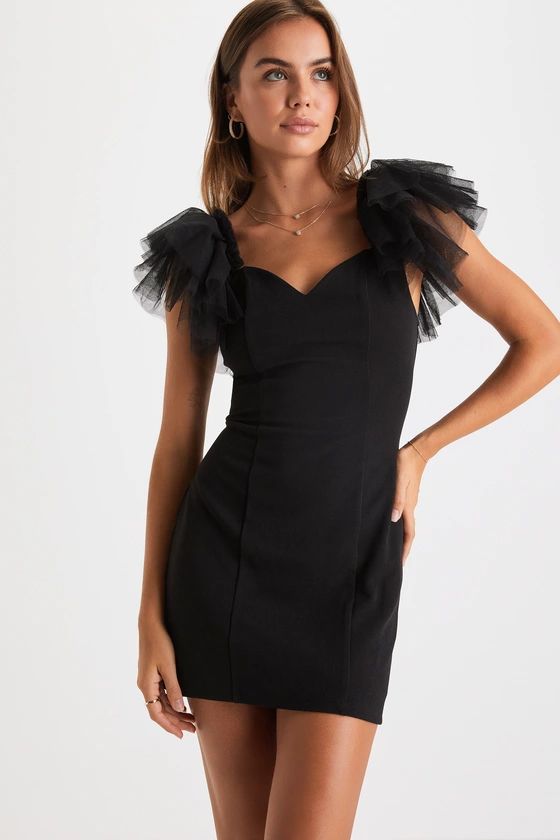 Seriously Fabulous Black Tulle Flutter Sleeve Bodycon Mini Dress | Lulus (US)