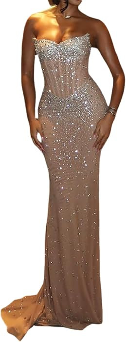 Sparkly Rhinestone Corset Prom Dresses for Women Strapless Long Mermaid Bodycon Evening Gown Maxi Dress | Amazon (US)