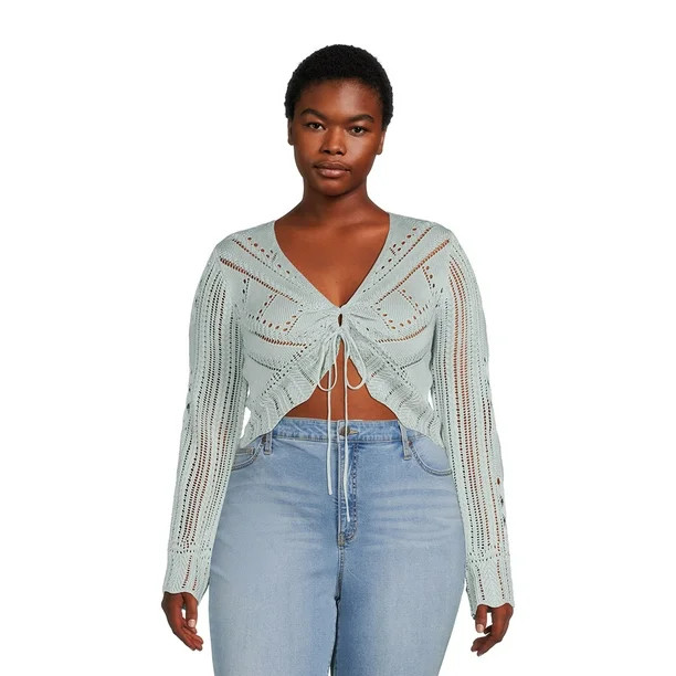 No Boundaries Juniors Plus Size Flyaway Crochet Sweater, Lightweight - Walmart.com | Walmart (US)