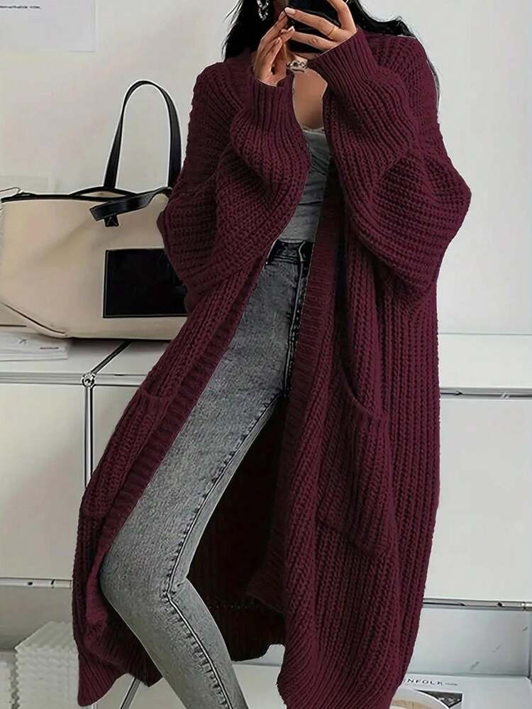 Solid Color Knitted Cardigan, Casual Long Sleeve Drop Shoulder Maxi Coat, Women,Long Sleeve Tops | SHEIN