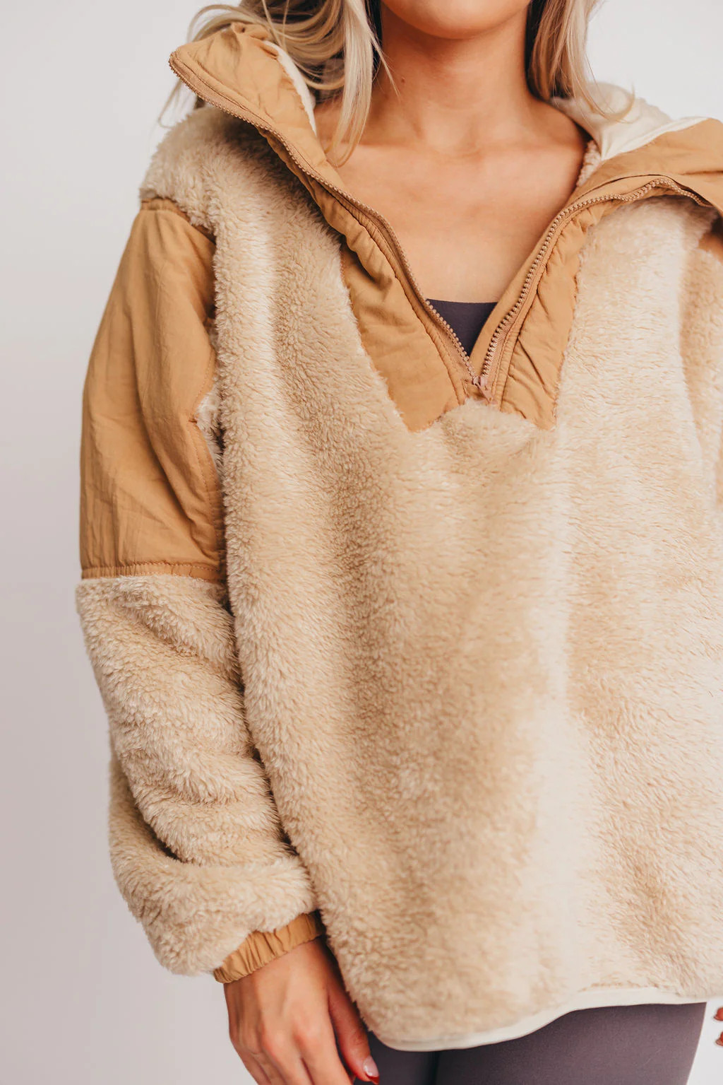 Bristol Hooded 1/4 Zip Sherpa Pullover in Beige | Worth Collective