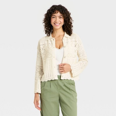 Women's Collared Crochet Cardigan - A New Day™ Cream M | Target