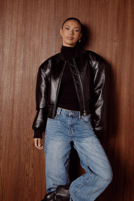 KYLIE Black PU Bomber Jacket | Noughts and Kisses