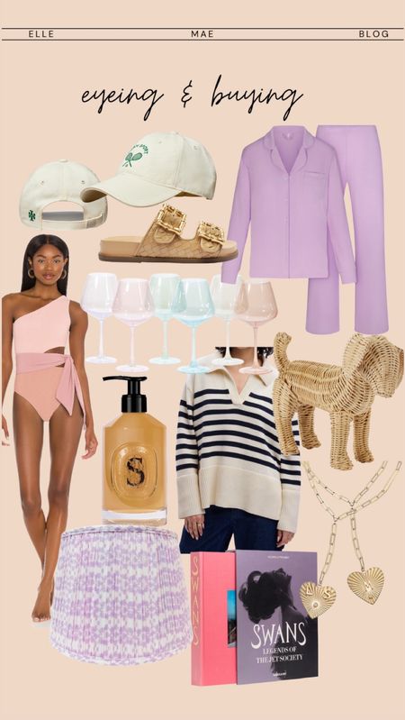 Spring fever eyeing & buying // Tory Burch sport hat on sale // buckle sandals // skims ribbed lavender pajamas // rattan dog // striped sweater // one piece swim suit // lavender lamp shade // coffee table book // gold initial heart necklace // diptyque hand wash // swans coffee table book // Mother’s Day gift guide // birthday // 

#LTKhome #LTKtravel #LTKshoecrush