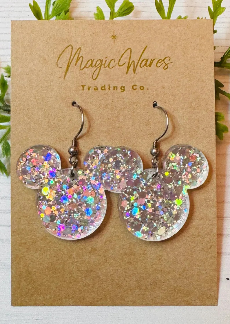 Silver Holographic Chunky Glitter Mouse Head Dangle Earrings, Laser Cut Silver Holographic Glitte... | Etsy (US)