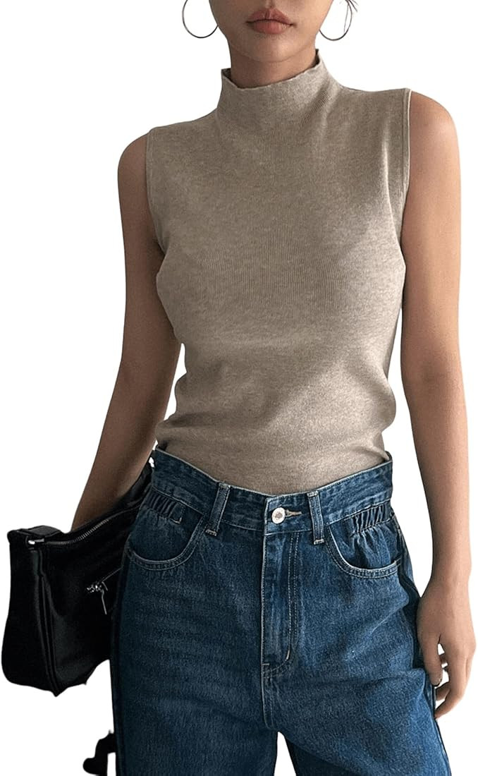 SweatyRocks Women's Solid Sleeveless Vest Elegant High Neck Cap Sleeve Knit Sweater Mock Neck Top... | Amazon (US)