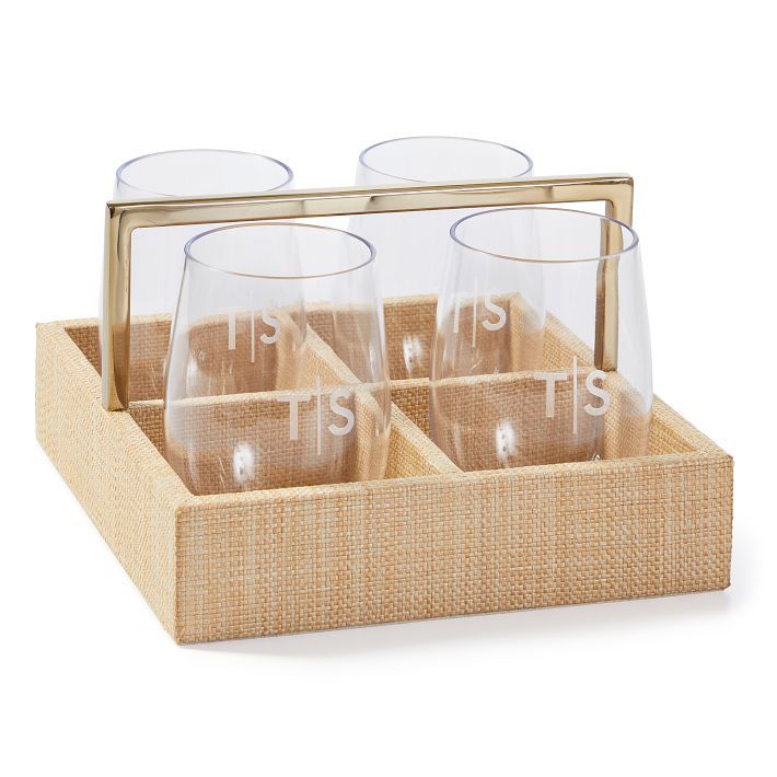 Raffia Drink Caddy and Outdoor Stemless Glasses Set | Mark and Graham