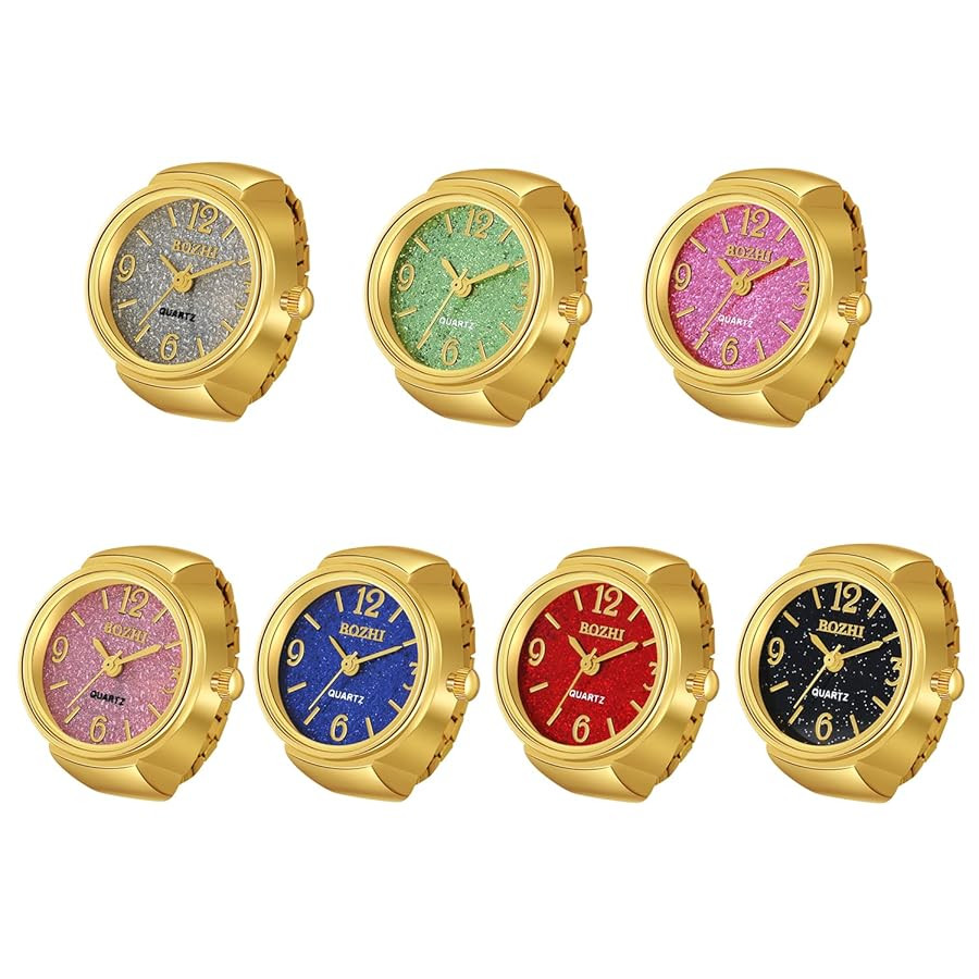 JewelryWe Men Women Finger Watches Set Wholesale Gold Silver Plated Elastic Watch Rings Round Qua... | Amazon (US)