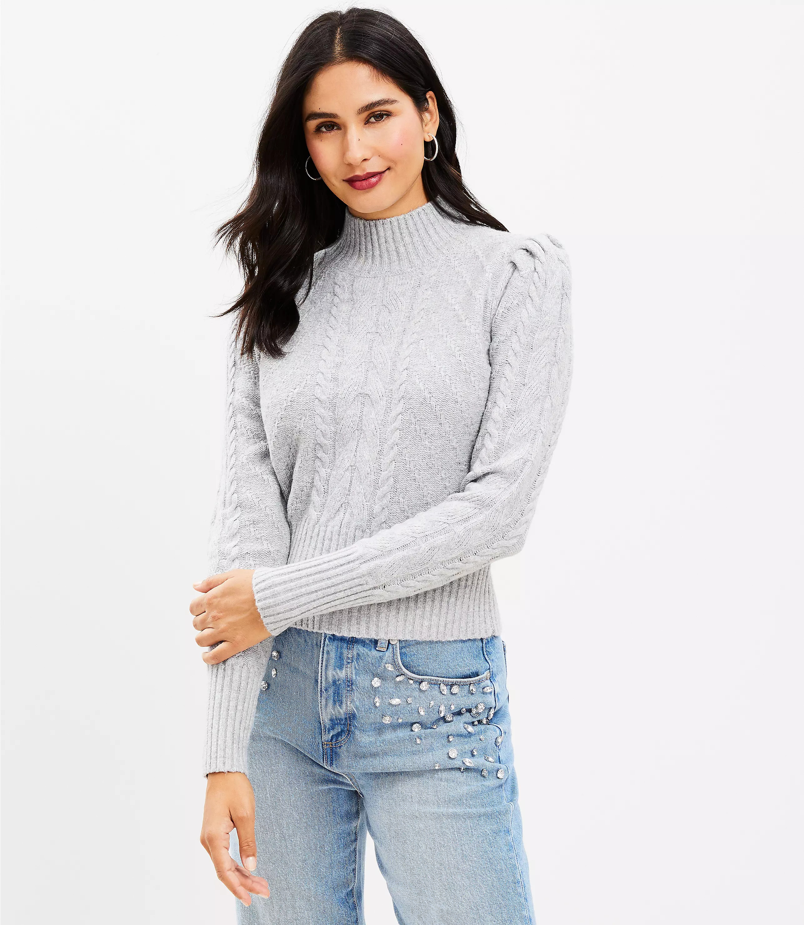 Puff Sleeve Turtleneck Cable Sweater | LOFT
