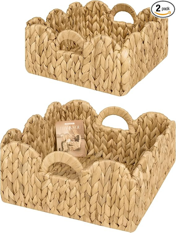Set of 2 Scalloped Basket | Hand Woven Scallop Basket | Scalloped Wicker Basket with Handles | Sc... | Amazon (US)