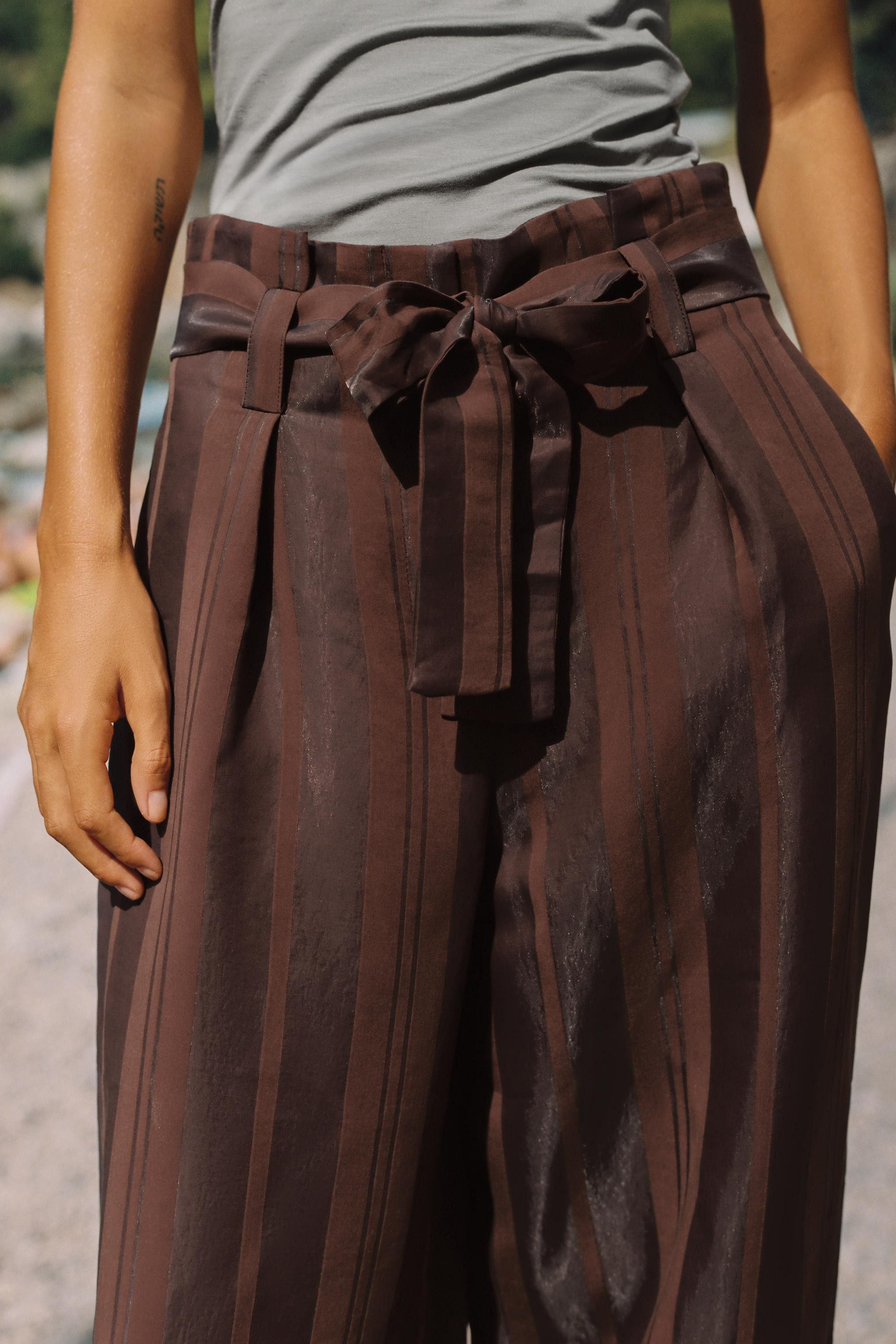 STRIPED BELTED PAPERBAG TROUSERS | Zara US