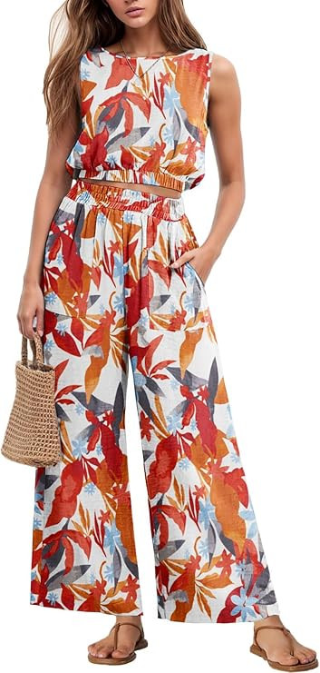 GRECERELLE Two Piece Sets for Women Sleeveless Crop Top Wide Leg Pants Sweat Set for Women Tracks... | Amazon (US)