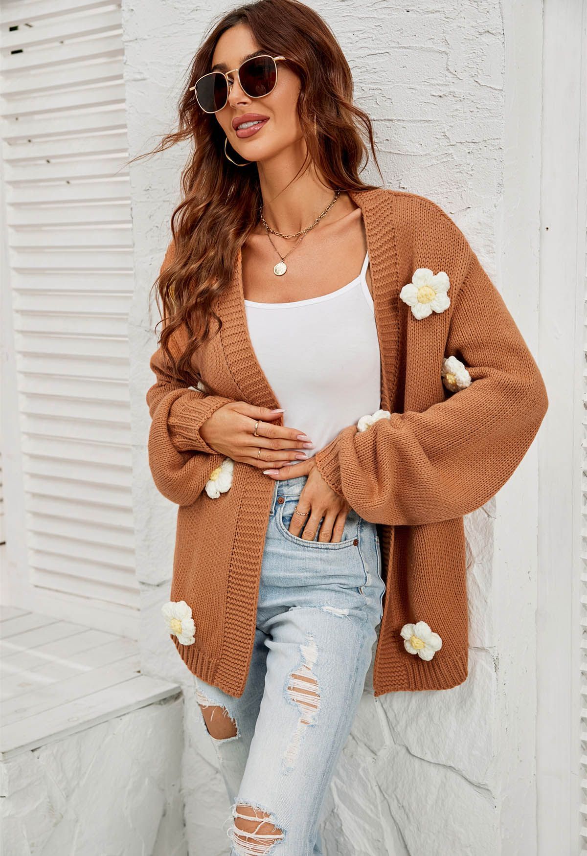 3D Stitch Flower Open Front Knit Cardigan in Tan | Chicwish