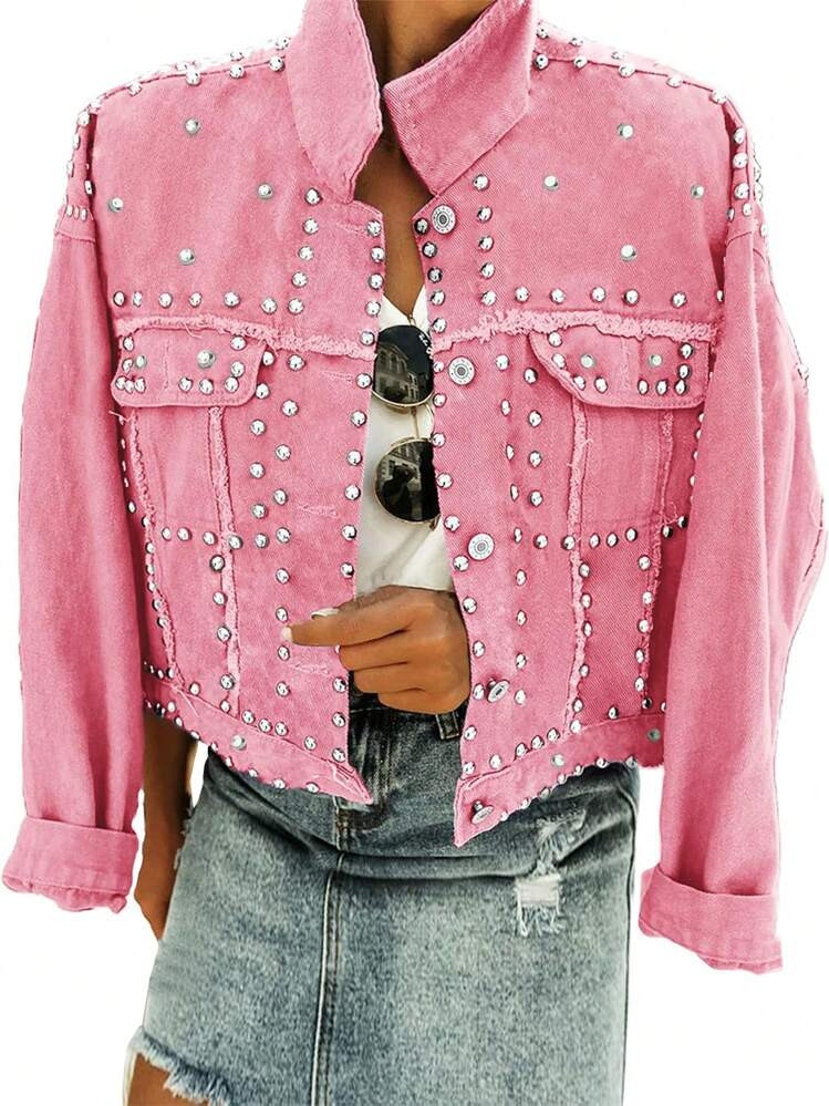 Women's Fashion Crop Fringe Denim Jacket Distressed Western Studded Black Trucker Jacket | SHEIN