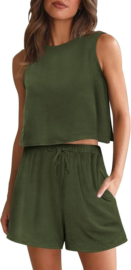AUTOMET Women 2 Two Piece Outfits Lounge Matching Sets Linen Shorts Crop Tops 2023 Summer Fashion... | Amazon (US)
