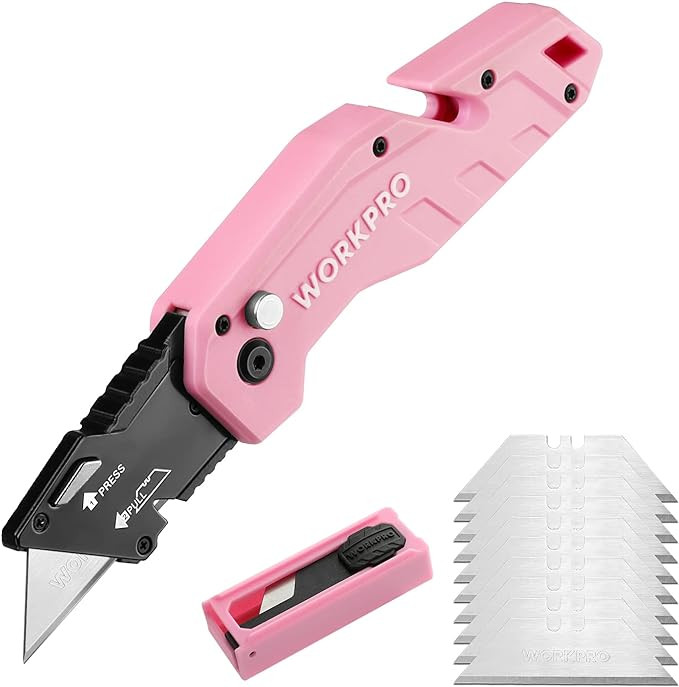 WORKPRO Folding Utility Knife, Quick Change Box Cutter, Pink Razor Knife for Cartons, Cardboard, ... | Amazon (US)
