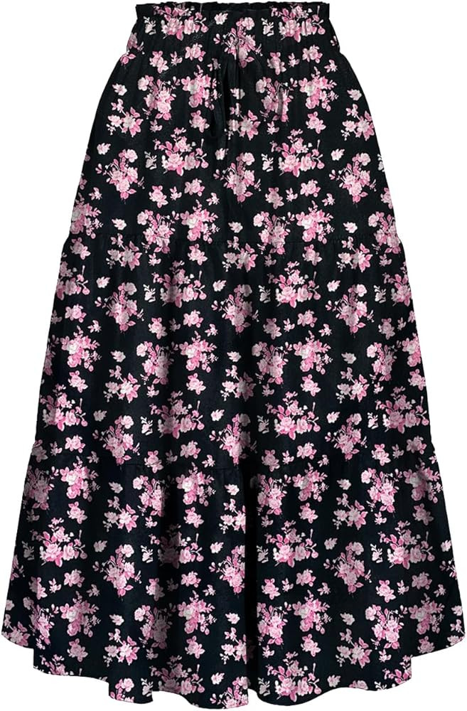 Women's High Elastic Waist Midi Skirt Casual Summer Trendy Tie Front Flowy Ruffle Floral Print A ... | Amazon (US)