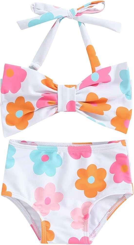 Baby Girl Bathing Suit Toddler Girls Bowknot Floral Print Swimsuit Two Piece Sleeveless Bikini Be... | Amazon (US)