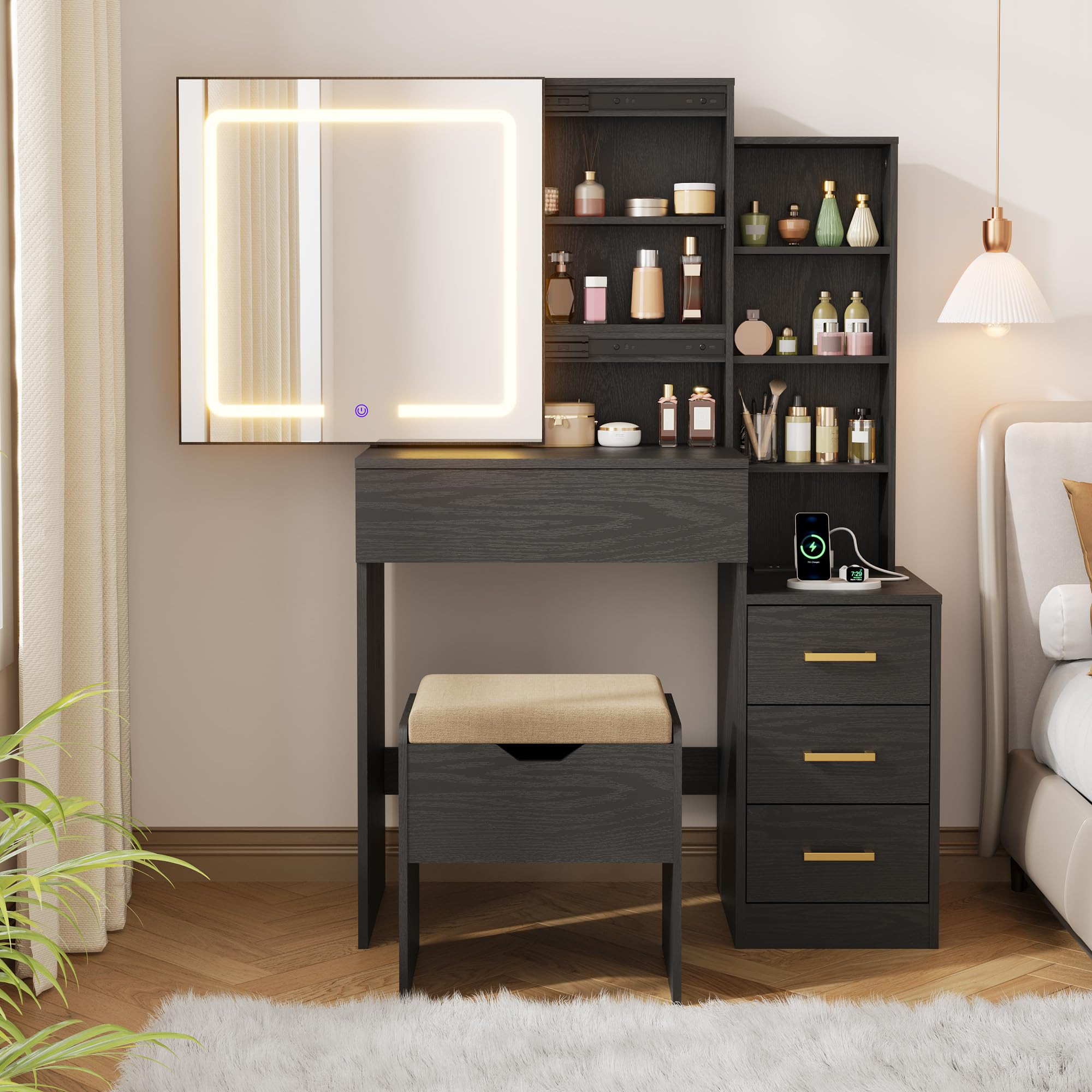 Senfot Black Vanity Desk with Sliding Mirror and Lights, Modern Makeup Vanity Table with 4 Drawer... | Amazon (US)