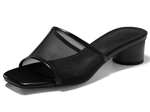 Coutgo Womens Slide Sandals Mesh Chunky Heels Mules Square Open Toe Slip On Summer Dress Shoes | Amazon (US)