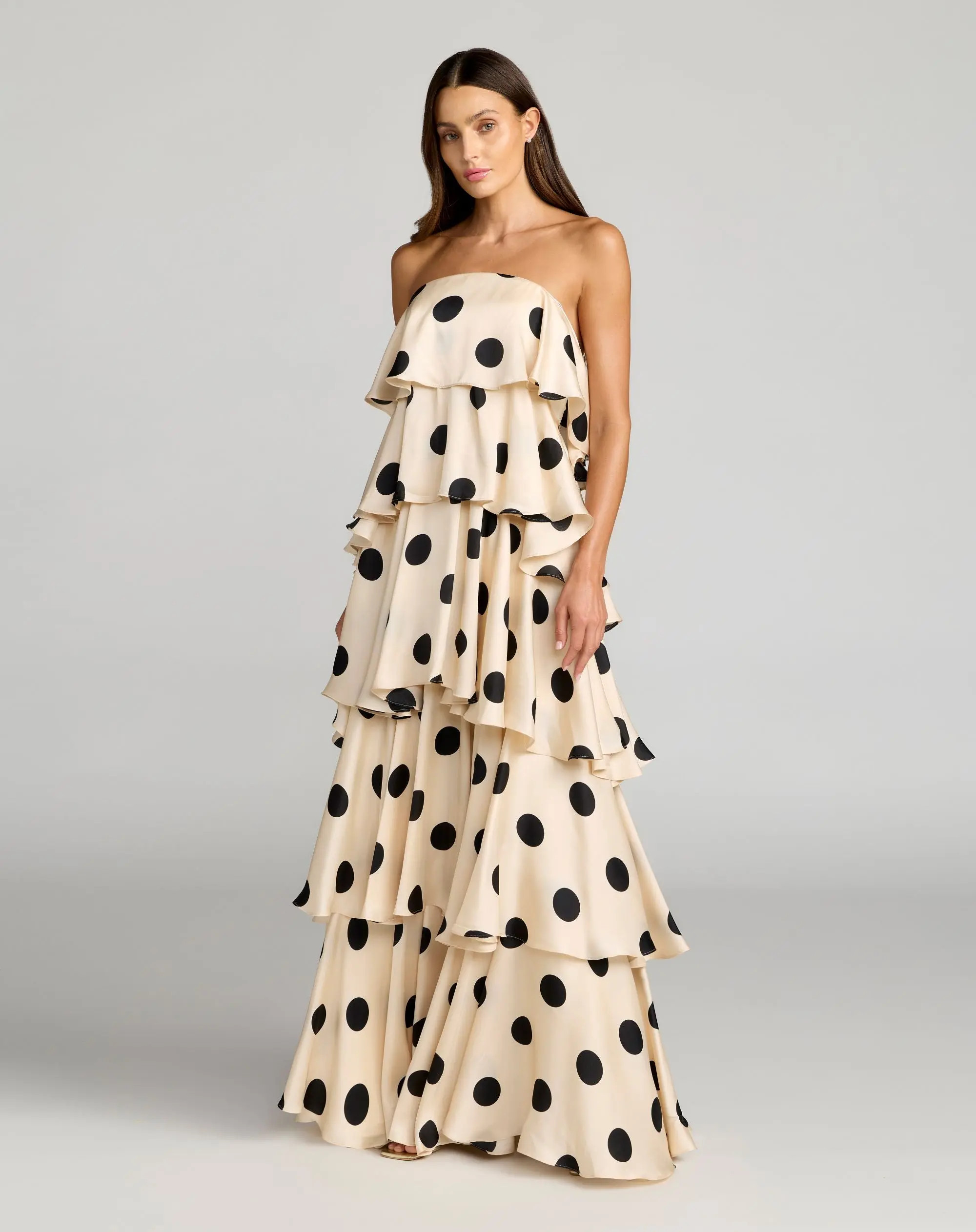 Beige Strapless Polka Dot Charmeuse Ruffle Gown | Mac Duggal | Mac Duggal
