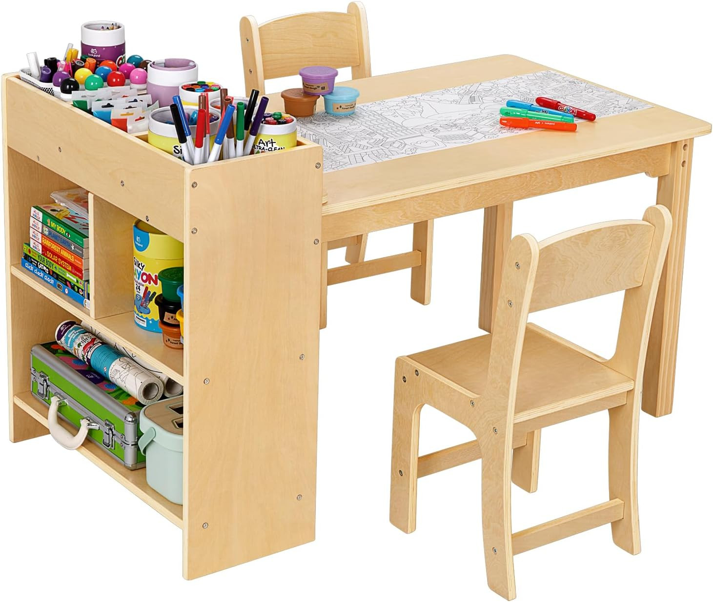 OOOK Kids Art Table and 2 Chairs, Toddler Activity Table with Large Storage Shelves, Wood Activity Desk for Writing Drawing Suitable for Playrooms & Classroom | Amazon (US)