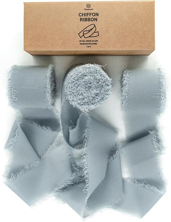 Vitalizart Dusty Blue Handmade Chiffon Silk Ribbon Fringe 3 Rolls 1.5" x 21 Yd Frayed Edges Ribbo... | Amazon (US)