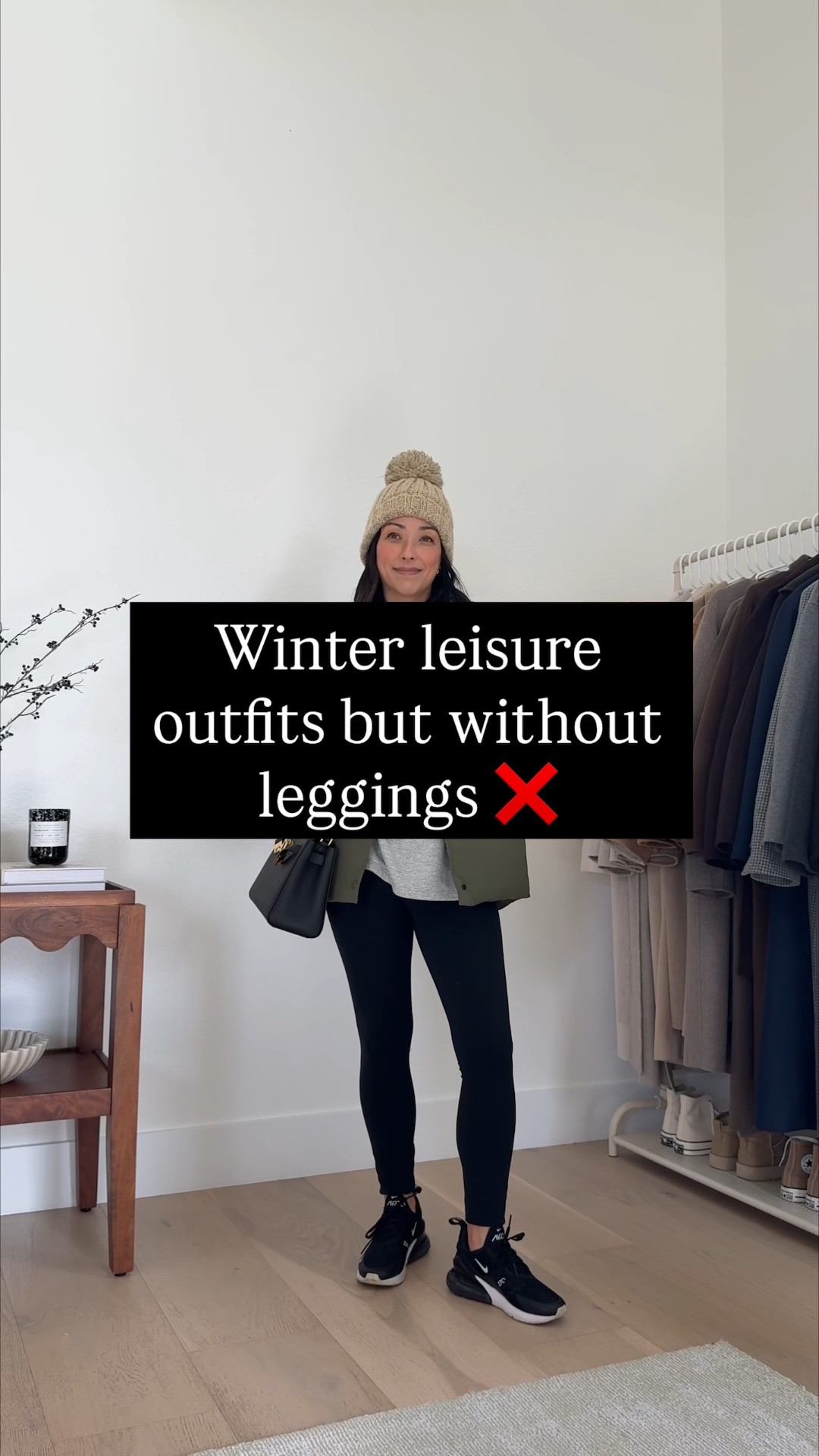 Instead of wearing legging outfits in the winter, try leisure outfits with elevated sweats, joggers, wide leg leisure pants, or barrel sweats. 

Outfit 1

Velvet jacket xs
Everlane turtleneck sweater xxs (old)
Varley joggers xs 28"
adidas Samba 4.5 mens
Varley beanie
Celine sunglasses
Mansur Gavriel tote

Outfit 2
Lauren by Ralph Lauren shearling jacket small - old, linked similar
Everlane turtleneck sweater xxs (old)
Varley rolled cuffed pants xs 25" inseam
Adidas SL72 5 womens
Polo Ralph Lauren hat
Celine sunglasses
Liffner Large Sprout tote

Outfit 3
Aritzia The Only coat xs
Minnow sweater small
Everlane barrel sweats small, but run tts
Onitsuka Tiger sneakers 4 mens
Mansur Gavriel tote
Polo Ralph Lauren hat
Celine sunglasses

Outfit 4
Varley jacket xs - you can size down
Nordstrom sweater xs - old, linked similar
Aritzia neck warmer
Varley wide leg pants xs 28" inseam
Nike sneakers 6
Varley hat
Cuyana Easy tote small in Stone
Celine sunglasses

Outfit 5
Aritzia cropped puffer xs
Madewell turtleneck xs
Eileen Fisher Bella Sweats Small
Adidas samba 5 womens
Varley beanie
YSL sunglasses
Amazon sling bag

#LTKmomlife #LTKPetite