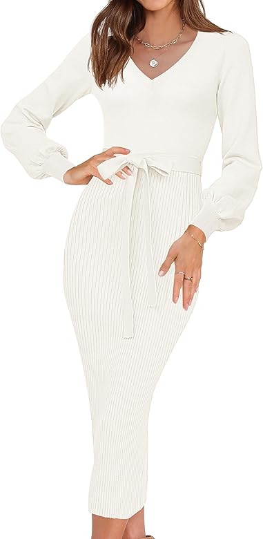 HAEOF Womens 2023 Fall & Winter Sweater Dress Elegant Ribbed Knit Crewneck Long Puff Sleeve Bodycon Midi Dress with Belt | Amazon (US)