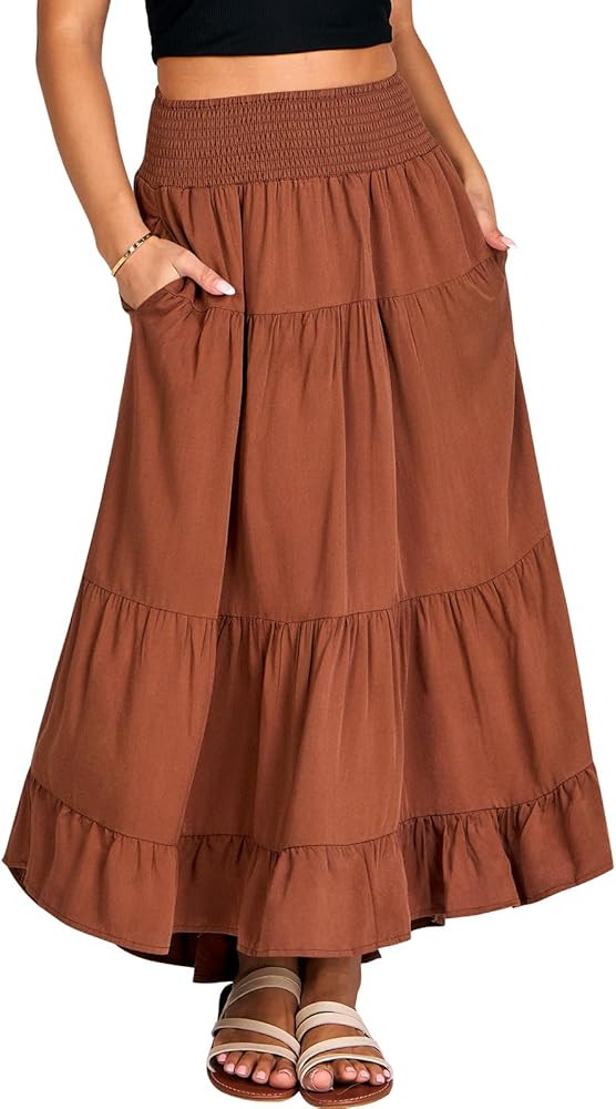 ANRABESS Women Summer Maxi Skirt Elastic High Waist Flowy Boho Casual Tiered Aline Long Beach Ski... | Amazon (US)