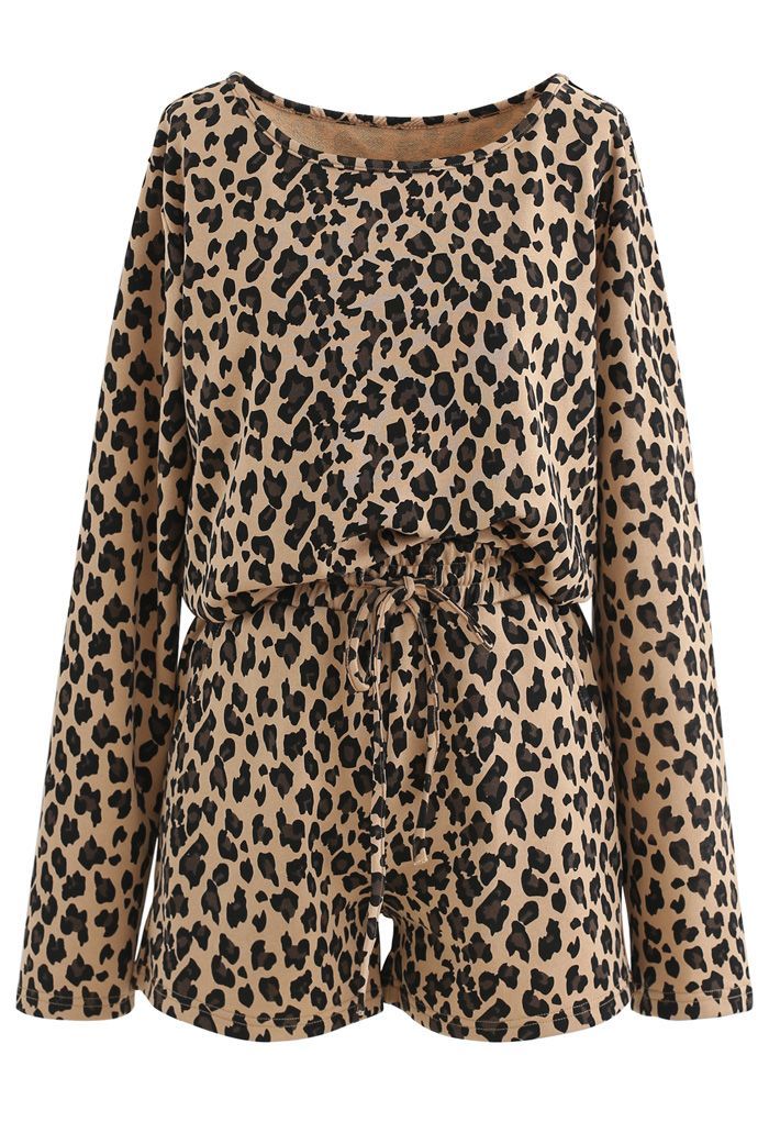 Leopard Print Long Sleeves Top and Drawstring Shorts Set | Chicwish