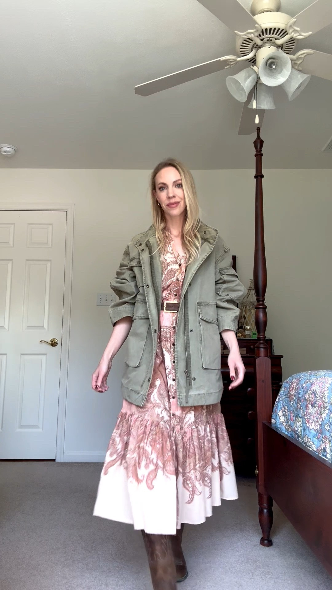 Early fall outfit with utility jacket, paisley dress and cowboy boots - dress is under $50!

#LTKSaleAlert #LTKOver40 #LTKSeasonal