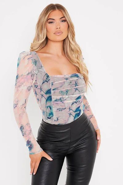 White Tie Dye Mesh Long Sleeve Ruched Front Bodysuit | ISAWITFIRST