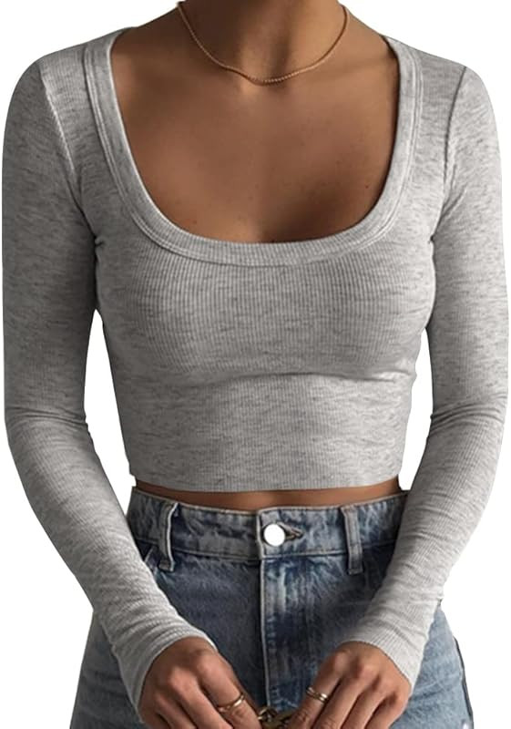 Artfish Women's Square Neck Long Sleeve Ribbed Slim Fitted Casual Basic Crop Top | Amazon (US)