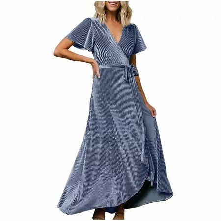 symoid Woman Dress- Fashion Sexy Strip V-Neck Short Sleeve Solid Party formal Long Dress Blue | Walmart (US)